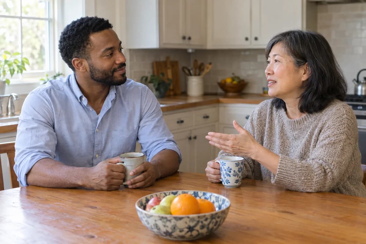 Illustrative image of a caregiver talking with an adult at home